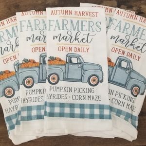 Farmhouse country fall kitchen Towel set blue truck pumpkins